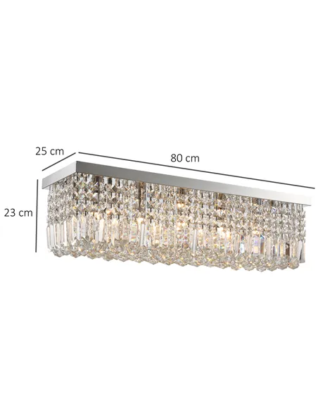 HOMCOM Modern Crystal Ceiling Light Square Crystal Chandelier for Living Room, Dining Room, Hall, E14 Base, Silver, 80 x 25 x 23