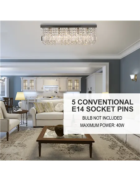 HOMCOM Modern Crystal Ceiling Light Square Crystal Chandelier for Living Room, Dining Room, Hall, E14 Base, Silver, 80 x 25 x 23