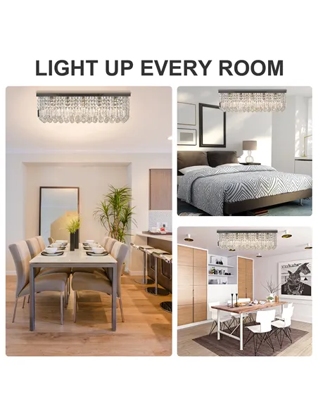 HOMCOM Modern Crystal Ceiling Light Square Crystal Chandelier for Living Room, Dining Room, Hall, E14 Base, Silver, 80 x 25 x 23