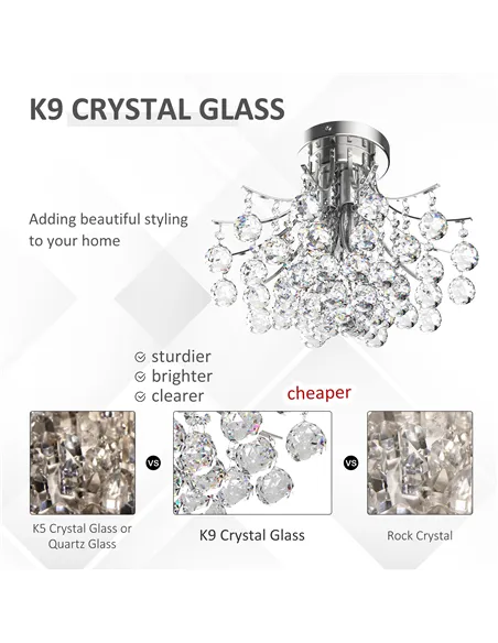 HOMCOM Crystal Chandeliers, K9 Droplets Ceiling Light with 3 E14 Bulb Base, Pendant Lights for Living Room, Bedroom, Dining Room