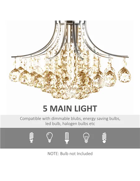 HOMCOM Crystal Chandeliers, K9 Droplets Ceiling Light with 3 E14 Bulb Base, Pendant Lights for Living Room, Bedroom, Dining Room