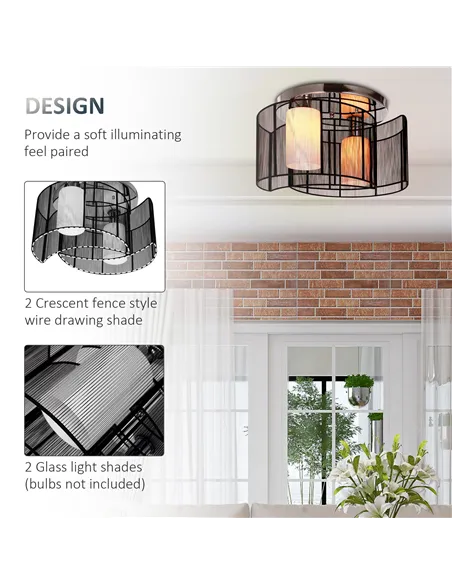 HOMCOM Modern Chandelier, Semi-Flush Mount Ceiling Light with 2 Light, E27 Bulb Base for Hallway, Dining Room, Living Room, Whit