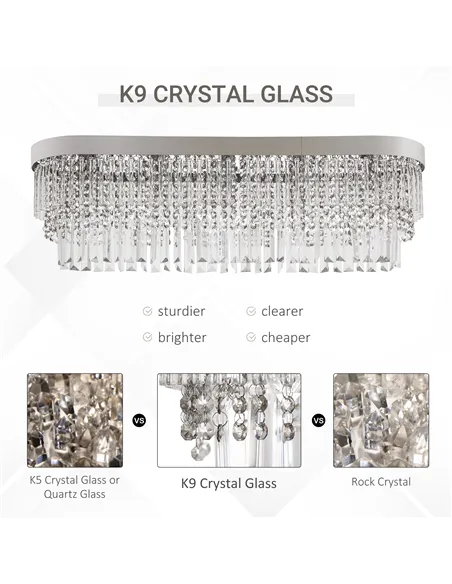HOMCOM Modern Raindrop Crystal Chandelier, Round Rectangular hanging Ceiling Light, Linear Hanging Lighting with Stainless Steel