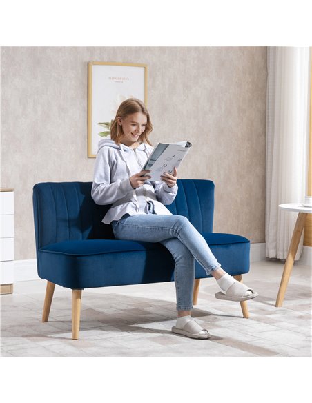 HOMCOM Modern Velvet Double Seat Sofa w/ Wood Frame Foam Padding High Back Soft Comfortable Compact Couch Blue