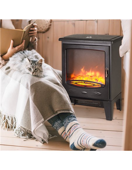 HOMCOM Tempered Glass Casing Electric Fireplace, Freestanding Electric Fire with Realistic Flame Effect, Log Burner with Overhea