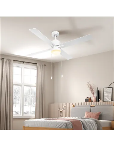 HOMCOM Ceiling Fan with LED Light, Flush Mount Ceiling Fan Lights with Reversible Blades, Pull-chain, White and Natural Tone