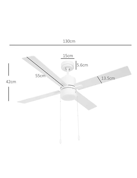 HOMCOM Ceiling Fan with LED Light, Flush Mount Ceiling Fan Lights with Reversible Blades, Pull-chain, White and Natural Tone