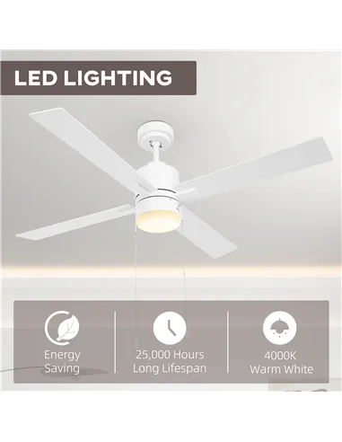 HOMCOM Ceiling Fan with LED Light, Flush Mount Ceiling Fan Lights with Reversible Blades, Pull-chain, White and Natural Tone