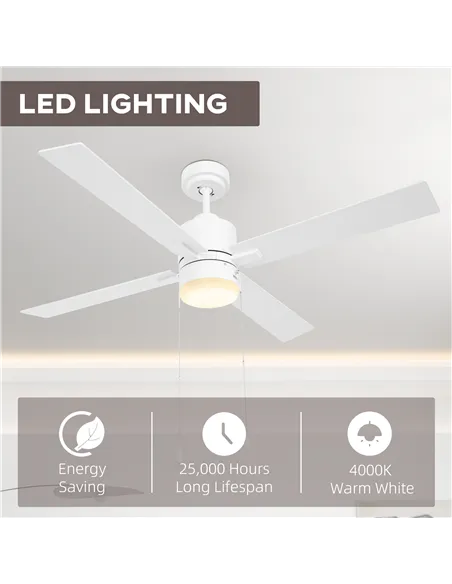 HOMCOM Ceiling Fan with LED Light, Flush Mount Ceiling Fan Lights with Reversible Blades, Pull-chain, White and Natural Tone