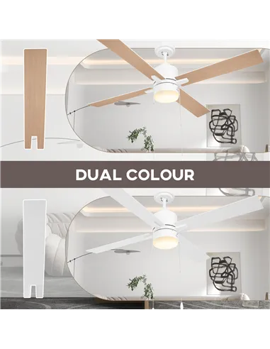 HOMCOM Ceiling Fan with LED Light, Flush Mount Ceiling Fan Lights with Reversible Blades, Pull-chain, White and Natural Tone