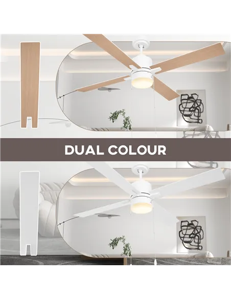 HOMCOM Ceiling Fan with LED Light, Flush Mount Ceiling Fan Lights with Reversible Blades, Pull-chain, White and Natural Tone