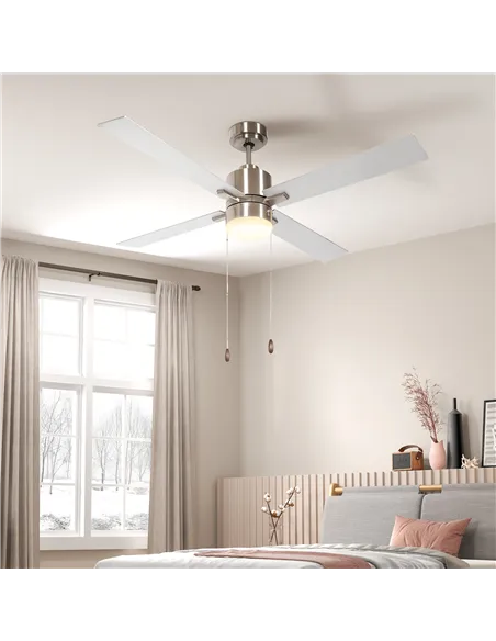 HOMCOM Ceiling Fan with LED Light, Flush Mount Ceiling Fan Lights with Reversible Blades, Pull-chain, Silver and Natural Tone