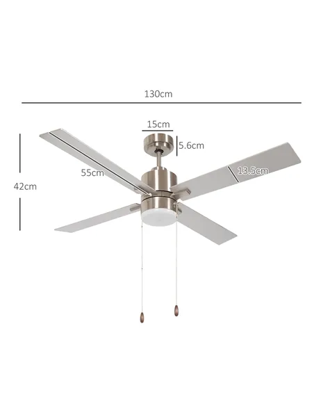 HOMCOM Ceiling Fan with LED Light, Flush Mount Ceiling Fan Lights with Reversible Blades, Pull-chain, Silver and Natural Tone