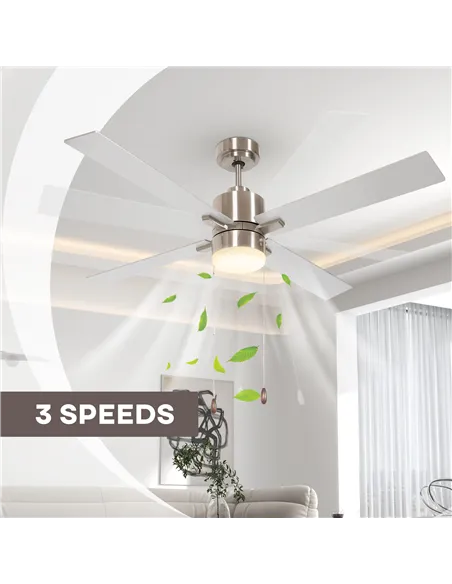 HOMCOM Ceiling Fan with LED Light, Flush Mount Ceiling Fan Lights with Reversible Blades, Pull-chain, Silver and Natural Tone