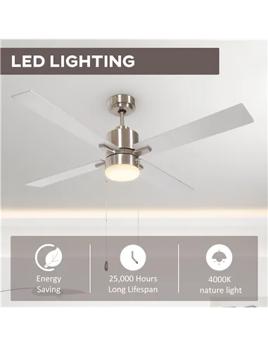 HOMCOM Ceiling Fan with LED Light, Flush Mount Ceiling Fan Lights with Reversible Blades, Pull-chain, Silver and Natural Tone