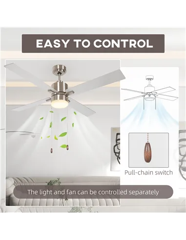 HOMCOM Ceiling Fan with LED Light, Flush Mount Ceiling Fan Lights with Reversible Blades, Pull-chain, Silver and Natural Tone