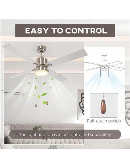 HOMCOM Ceiling Fan with LED Light, Flush Mount Ceiling Fan Lights with Reversible Blades, Pull-chain, Silver and Natural Tone