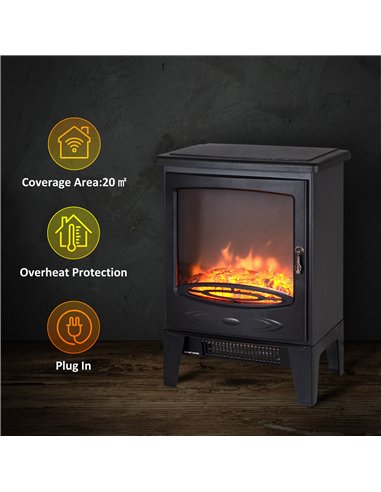 HOMCOM Tempered Glass Casing Electric Fireplace, Freestanding Electric Fire with Realistic Flame Effect, Log Burner with Overhea