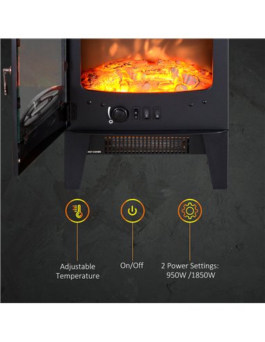 HOMCOM Tempered Glass Casing Electric Fireplace, Freestanding Electric Fire with Realistic Flame Effect, Log Burner with Overhea