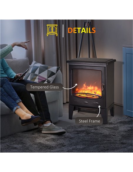 HOMCOM Tempered Glass Casing Electric Fireplace, Freestanding Electric Fire with Realistic Flame Effect, Log Burner with Overhea
