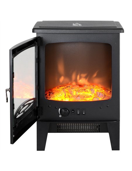 HOMCOM Tempered Glass Casing Electric Fireplace, Freestanding Electric Fire with Realistic Flame Effect, Log Burner with Overhea