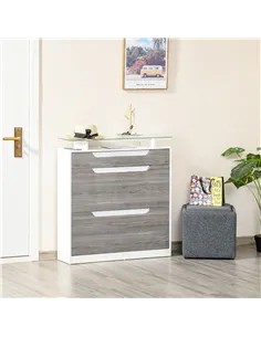 HOMCOM Shoe Storage Cabinet with Slide Out Drawer, 2 Flip Doors, Tempered Glass Top - Grey 2