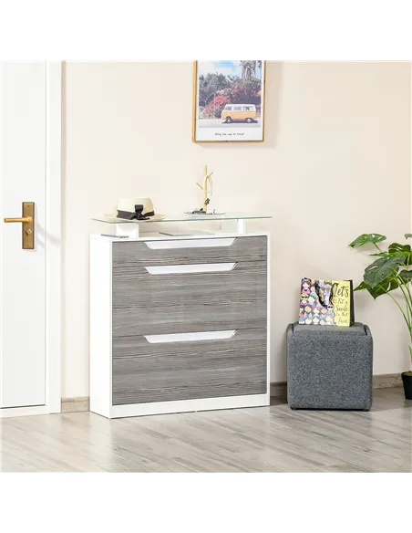 HOMCOM Shoe Storage Cabinet with Slide Out Drawer, 2 Flip Doors, Tempered Glass Top - Grey