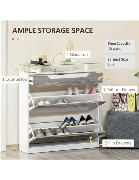 HOMCOM Shoe Storage Cabinet with Slide Out Drawer, 2 Flip Doors, Tempered Glass Top - Grey