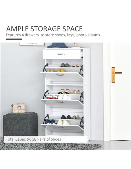 HOMCOM Shoe Cabinet with 3 Flip Drawers, High Gloss Shoe Storage Cabinet with Top Drawer and Adjustable Shelves, Shoe Cupboard f