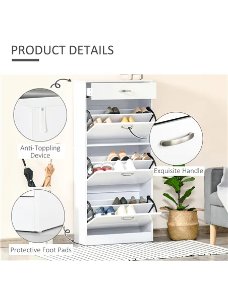 HOMCOM Shoe Cabinet with 3 Flip Drawers, High Gloss Shoe Storage Cabinet with Top Drawer and Adjustable Shelves, Shoe Cupboard f