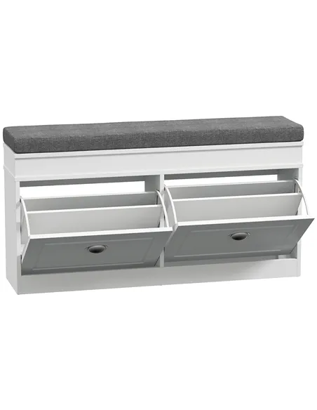 HOMCOM Shoe Storage Bench with Flip Drawers, Shoe Cabinet with Seat Cushion and Adjustable Shelf for Hallway, Entryway, Living R