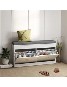 HOMCOM Shoe Storage Bench with Flip Drawers, Shoe Cabinet with Seat Cushion and Adjustable Shelf for Hallway, Entryway, Living R 2