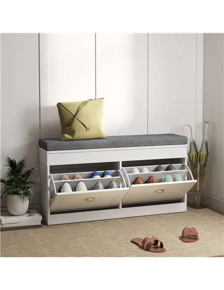 HOMCOM Shoe Storage Bench with Flip Drawers, Shoe Cabinet with Seat Cushion and Adjustable Shelf for Hallway, Entryway, Living R