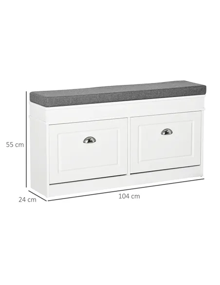 HOMCOM Shoe Storage Bench with Flip Drawers, Shoe Cabinet with Seat Cushion and Adjustable Shelf for Hallway, Entryway, Living R