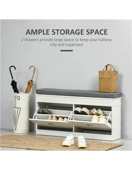 HOMCOM Shoe Storage Bench with Flip Drawers, Shoe Cabinet with Seat Cushion and Adjustable Shelf for Hallway, Entryway, Living R