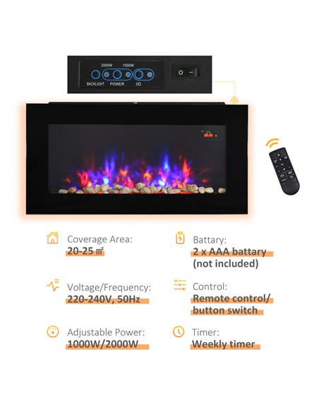HOMCOM LED Wall Mounted Fireplace Curved Glass Electric Fire Place for Living Room, 1000W/2000W, 48H x 90.8W x 11.5Dcm, Black