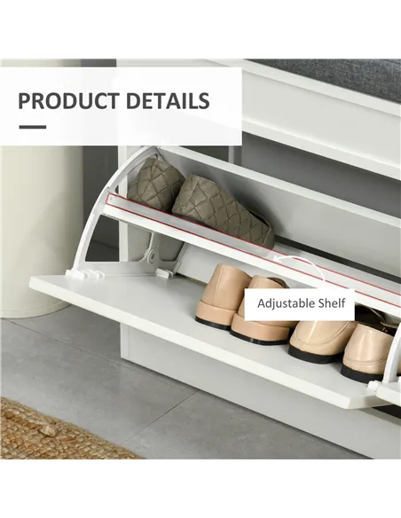 HOMCOM Shoe Storage Bench with Flip Drawers, Shoe Cabinet with Seat Cushion and Adjustable Shelf for Hallway, Entryway, Living R
