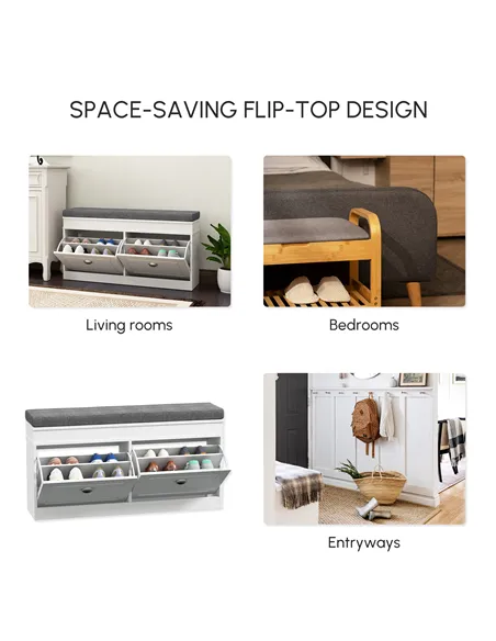 HOMCOM Shoe Storage Bench with Flip Drawers, Shoe Cabinet with Seat Cushion and Adjustable Shelf for Hallway, Entryway, Living R