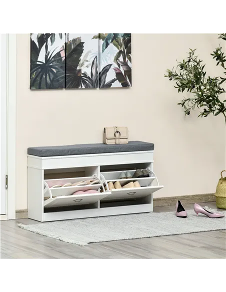 HOMCOM Shoe Storage Bench with Flip Drawers, Shoe Cabinet with Seat Cushion and Adjustable Shelf for Hallway, Entryway, Living R