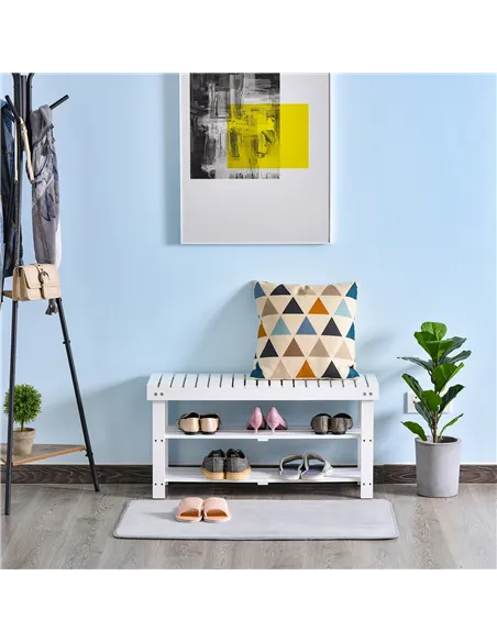 HOMCOM Shoe Bench, 3-Tier Wooden Shoe Rack with Hidden Storage Compartment, Slatted Shelves, Home Storage Unit, Hallway Furnitur
