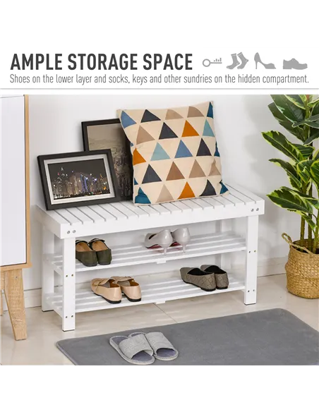 HOMCOM Shoe Bench, 3-Tier Wooden Shoe Rack with Hidden Storage Compartment, Slatted Shelves, Home Storage Unit, Hallway Furnitur