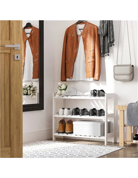 HOMCOM 3-Tier Shoe Rack Wood Frame Slatted Shelves Spacious Open Hygienic Storage Home Hallway Furniture Family Guests 70L x 26W