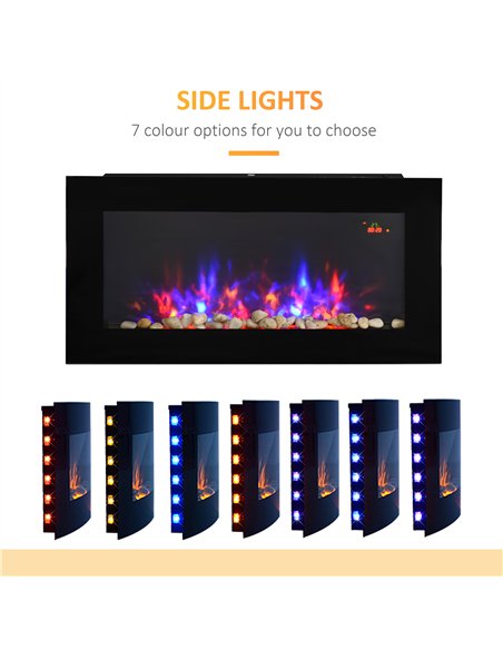 HOMCOM LED Wall Mounted Fireplace Curved Glass Electric Fire Place for Living Room, 1000W/2000W, 48H x 90.8W x 11.5Dcm, Black