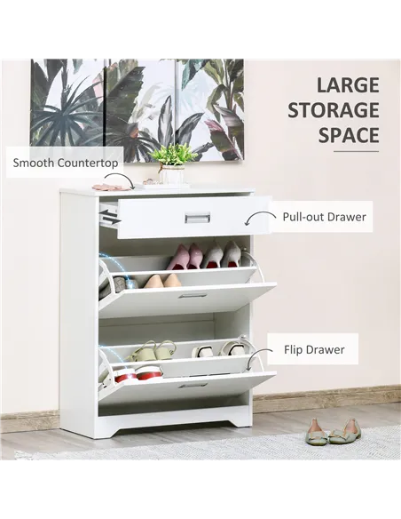HOMCOM Shoe Cabinet, Slim Shoe Storage Cabinet with Drawer, 2 Flip-up Doors and Adjustable Shelf, Narrow Shoe Cupboard for 16 Pa