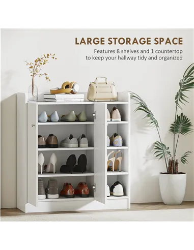HOMCOM Shoe Storage Cabinet  Two Doors w/ Adjustable 4 Shelves Cupboard Footwear Rack Stand Organiser Hallway White