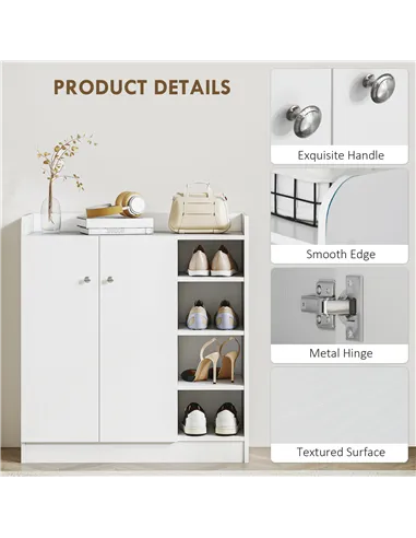 HOMCOM Shoe Storage Cabinet  Two Doors w/ Adjustable 4 Shelves Cupboard Footwear Rack Stand Organiser Hallway White