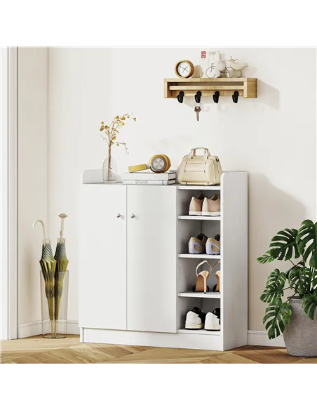HOMCOM Shoe Storage Cabinet  Two Doors w/ Adjustable 4 Shelves Cupboard Footwear Rack Stand Organiser Hallway White