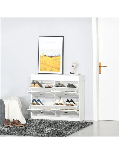 HOMCOM Shoe Cabinet with 4 Flip Drawers Wood Tipping Bucket Narrow Storage Cupboard with Adjustable Shelf Hall Organizer for Ent