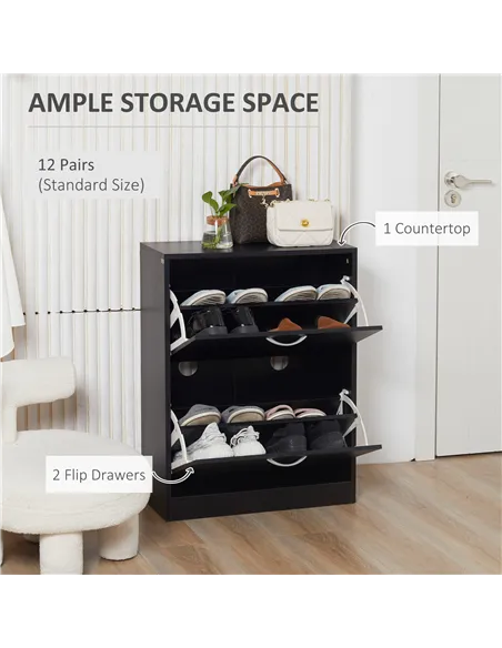 HOMCOM 2 Drawer Shoe Cabinet, Narrow Shoe Storage Cabinet with Flip Doors and Adjustable Shelves, Slim Shoe Cupboard for 12 Pair