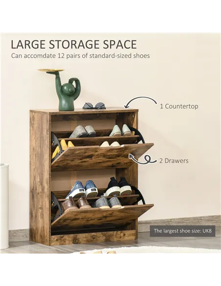HOMCOM Industrial Shoe Cabinet with 2 Flip Drawers, Narrow Shoe Storage Cabinet for 12 Pairs, Freestanding Slim Shoe Storage Org